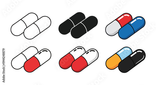Colorful Flat Pill Icon Set for Medical and Health Designs - Minimalist, flat icon, outline, glyph, linear, clipart, sticker - Vector icon set - Glyph icon