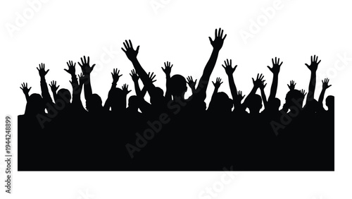 A large group of people with their hands raised in the air, possibly demonstrating or cheering, with a sense of unity and collective energy