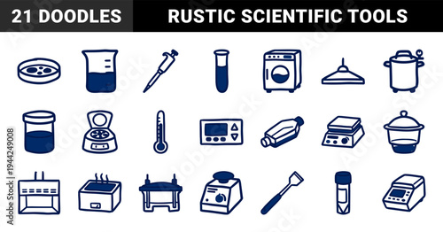 Hand-drawn laboratory equipment and scientific research elements for organic brand identity. Rustic, naive marker sketch illustrations featuring biotech and chemistry concepts.