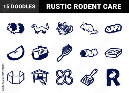 Hand-drawn small pet care and rodent elements for organic brand identity. Rustic, naive marker sketch illustrations featuring guinea pig, chinchilla, and ferret.