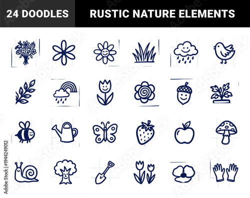 Hand-drawn garden and nature doodles for organic branding. Naive marker sketch illustrations featuring flowers, insects, and spring elements.