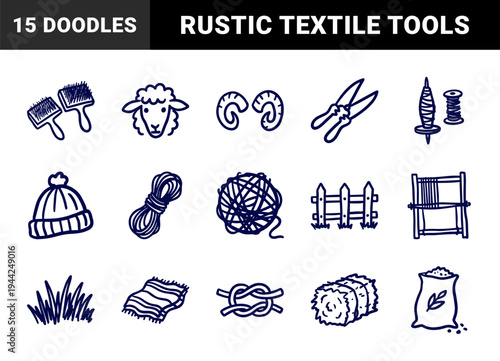 Hand-drawn wool production and sheep farming elements for rustic brand identity. Naive marker sketch illustrations featuring textile craft concepts.