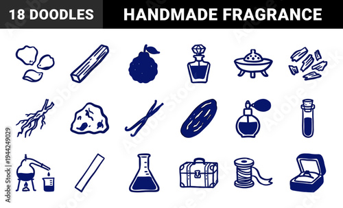 Hand-drawn perfumery and apothecary elements for organic brand identity. Rustic, naive marker sketch illustrations featuring fragrance and essential oil concepts.