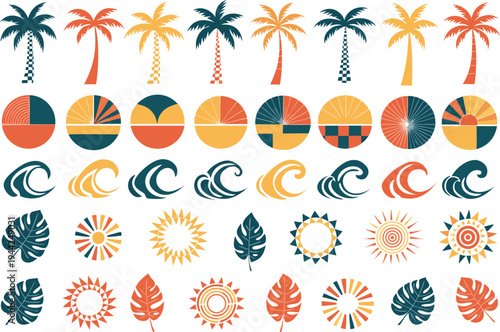 A vibrant collection of tropical icons and illustrations in a flat design style