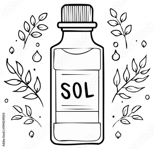 Hand Drawn Illustration of a Small Bottle with SOL Label Surrounded by Leaves and Droplets