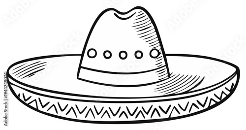 Ink drawing of a traditional Mexican sombrero hat with intricate brim details, cultural symbol