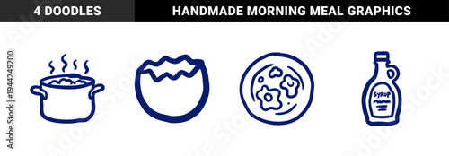 Hand-drawn breakfast cooking elements for rustic cafe branding. Naive marker sketch illustrations featuring cracked eggshell, boiling pot, fried eggs, and maple syrup.