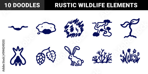 Hand-drawn nature and wildlife elements in a rustic marker sketch style. Naive organic doodles featuring rabbits, burrows, plants, and foliage.
