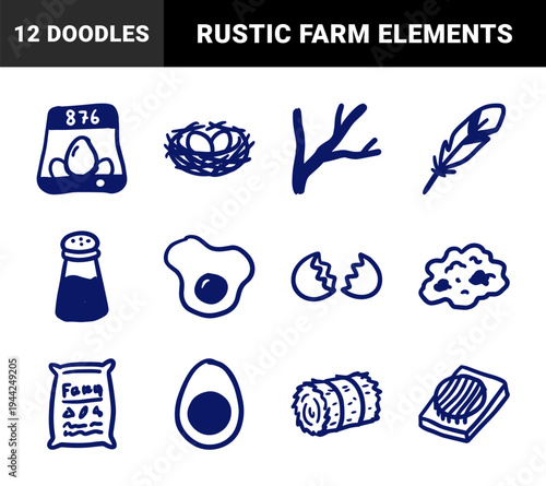 Hand-drawn poultry farming and egg production elements for rustic brand identity. Naive marker sketch illustrations featuring organic chicken farm concepts.