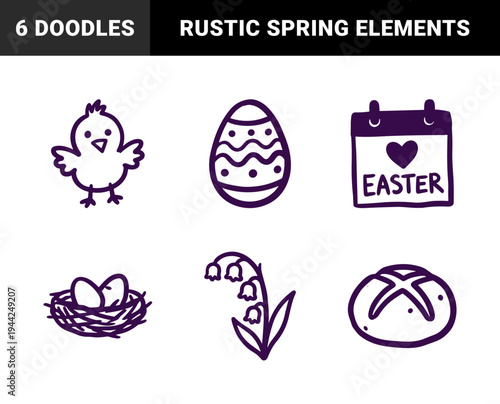 Hand-drawn Easter holiday elements with rustic doodle aesthetic. Naive marker sketch illustrations featuring seasonal spring celebration concepts.