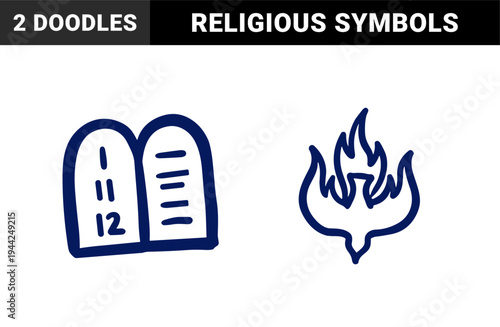 Hand-drawn religious symbols featuring Holy Spirit dove with fire and Ten Commandments stone tablets in a naive marker sketch style.