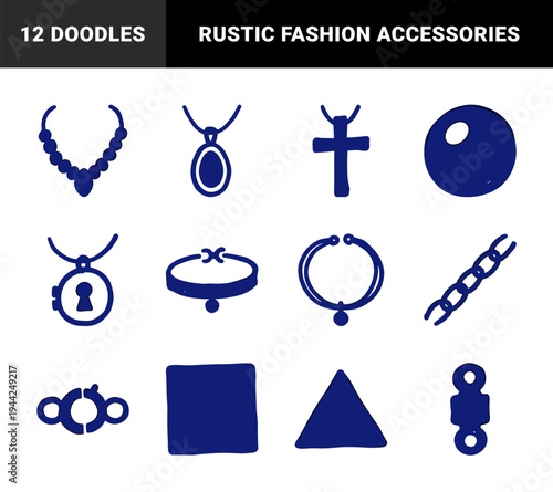 Hand-drawn jewelry and fashion accessories in a naive marker sketch style. Rustic, crude doodle illustrations featuring necklaces, pendants, and charms.