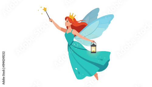 A fairy princess holding a magic wand and lantern flying with butterflies