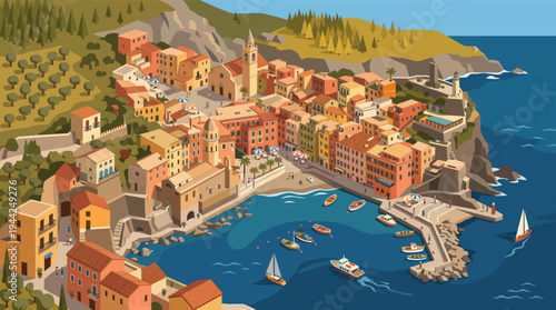 A colorful vector illustration of a Mediterranean coastal town. The Italian village is nestled on a cliffside overlooking the sea, with boats in the harbor and vibrant buildings.