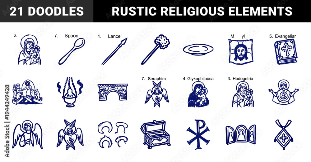 Obraz premium Orthodox Christian liturgical symbols and Byzantine icons in a rustic hand-drawn doodle style. Crude marker sketch of religious relics and sacred art.