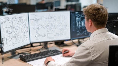 Engineer works on technical drawings at a desk with multiple screens during office hours in a modern workspace