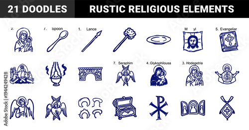 Orthodox Christian liturgical symbols and Byzantine icons in a rustic hand-drawn doodle style. Crude marker sketch of religious relics and sacred art.