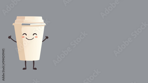 Cute smiling coffee cup mascot character vector illustration with arms and legs, friendly takeaway coffee cup cartoon isolated on gray background, fun cafe drink icon design.