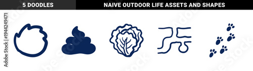 Rustic hand-drawn garden and pet care elements for organic branding. Naive marker sketch illustrations featuring cabbage, waste, and paw prints.