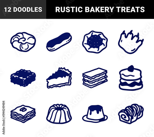 Hand-drawn bakery and pastry elements for artisanal branding. Rustic naive marker sketch illustrations featuring cakes, tarts, and sweet desserts.