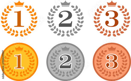 ランキングのメダルのセット。金、銀、銅。アイコン。（Medals golden silver bronze ranking award 1st, 2rd, 3rd place）
