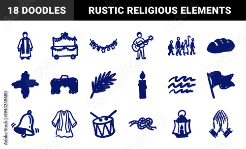 Ecclesiastical and liturgical symbols in a rustic marker sketch style. Naive hand-drawn religious elements for community church branding and events.
