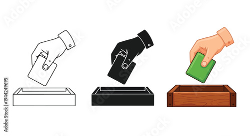 Flat Design Hand Icons Inserting Cards into Boxes Set - Minimalist, flat icon, outline, glyph, linear, clipart, sticker - Vector icon set - Glyph icon