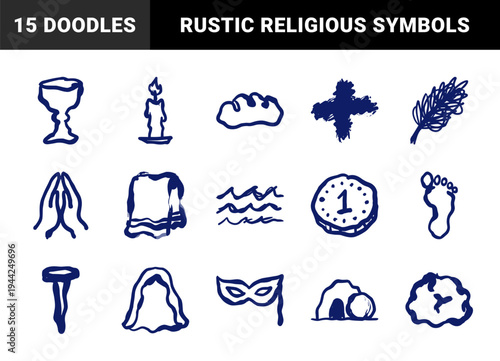 Hand-drawn Christian Easter and Lenten symbols in a rustic navy blue marker sketch style. Naive religious illustrations for church branding and spiritual storytelling.