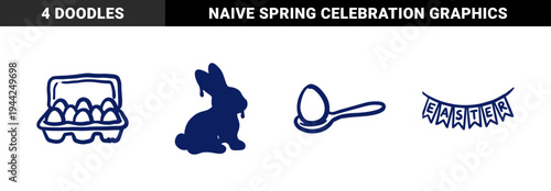 Easter holiday celebration elements in a hand-drawn navy blue marker doodle style. Rustic naive sketches featuring egg carton, bunny, bunting, and egg spoon.