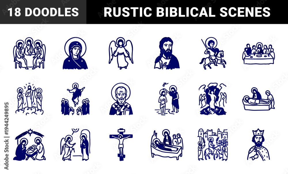 Naklejka premium Orthodox Christian religious symbols and biblical scenes in a rustic hand-drawn marker style. Naive doodle illustrations of saints and christology.