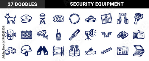 Law enforcement and border security elements in a crude marker sketch style. Rustic navy blue hand-drawn doodles for prison and surveillance concepts.