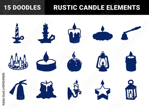Hand-drawn candle and lighting elements for cozy home branding. Rustic naive marker sketch illustrations featuring various candles and lanterns.