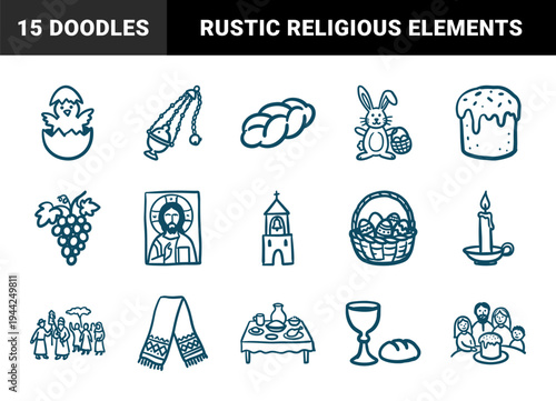 Orthodox Easter celebration elements in a rustic hand-drawn doodle style. Naive marker sketch illustrations of pascha bread, bunny, and church icons.