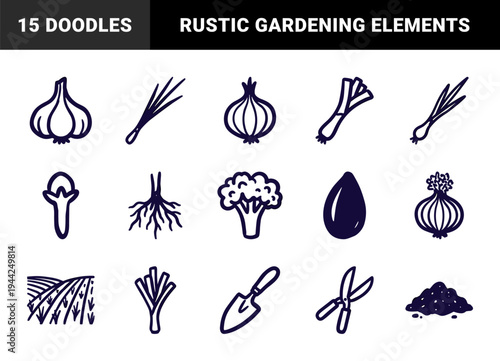 Hand-drawn onion and garlic garden elements for organic branding. Rustic naive marker sketch illustrations featuring leeks, shallots, and horticultural tools.