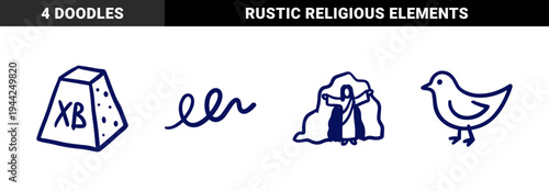 Orthodox Easter celebration elements in a rustic hand-drawn doodle style. Naive marker sketch illustrations featuring Paskha cake, bird, and Christ resurrection.