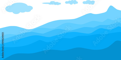 Illustration of blue waves with clouds. Blue gradient ocean background.