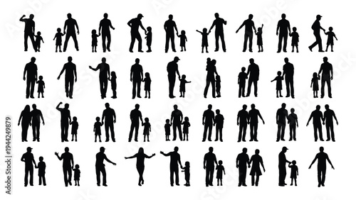 Collection of diverse human silhouettes in various poses and actions on white background for design and illustration