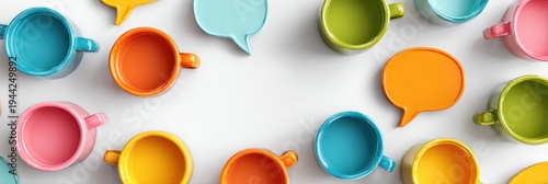 Colorful coffee mugs and speech bubbles create a cheerful atmosphere for sharing stories and laughter in a cozy coffee shop setting