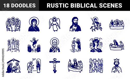 Orthodox Christian religious symbols and biblical scenes in a rustic hand-drawn marker style. Naive doodle illustrations of saints and christology.