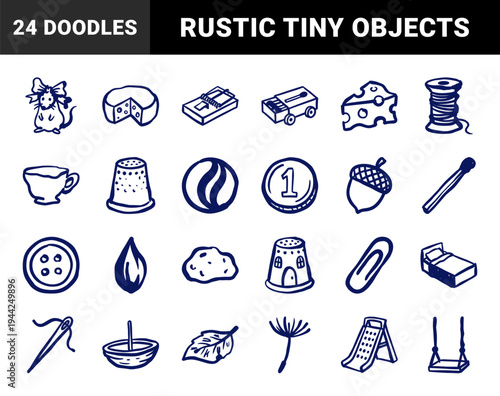 Whimsical hand-drawn miniature world elements for storytelling and nursery branding. Naive marker sketch illustrations featuring tiny mouse life and household objects.