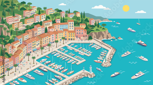 Vector illustration showcases a vibrant coastal town with a busy harbor filled with boats, set against a clear blue sky and sunny weather, suitable for travel and vacation themes.