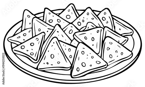 Outline illustration of a plate of nachos snack food for coloring book pages or clip art use.