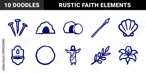 Hand-drawn Christian Easter and religious symbols for organic faith branding. Rustic naive marker sketch illustrations of resurrection and passion elements.