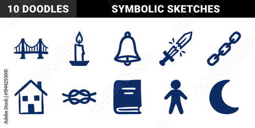 Hand-drawn mystical and symbolic elements in a rustic marker sketch style. Naive blue ink doodles of fantasy, nautical, and domestic objects.