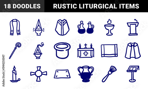 Christian liturgy and church ritual elements for religious branding. Rustic, naive marker sketch illustrations of catholic mass objects.