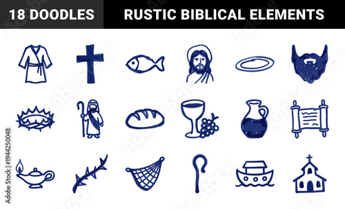 Hand-drawn Christian religious symbols and biblical motifs in a rustic marker sketch style. Naive blue ink doodles featuring cross, fish, and bread elements.