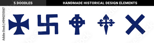 Hand-drawn medieval and religious symbols for historical branding. Rustic navy blue crude marker sketch illustrations featuring ancient cross variants.