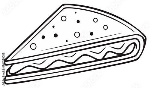 Black and white line drawing of a triangle sandwich with circles food illustration