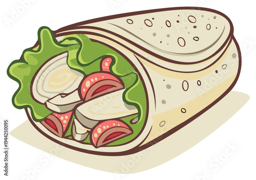 Cartoon illustration of a fresh delicious chicken and vegetable wrap