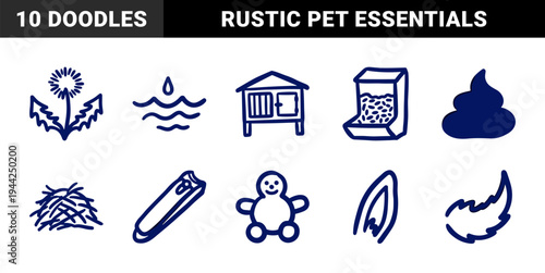 Hand-drawn rabbit care and pet ownership elements for organic branding. Naive marker sketch illustrations featuring bunny essentials and anatomy.